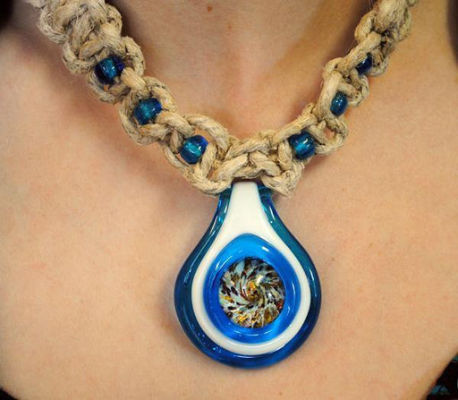 Blue Glass Pendant With Frit Bead On A Hemp Necklace - Smokin Js